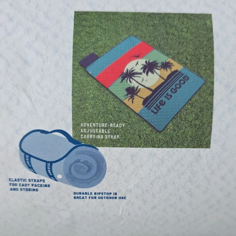 Life Is Good Blue Outdoor Blanket With Palm Trees And‎ Stripes, NWT, 50